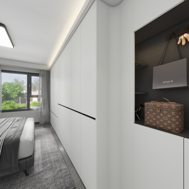 مخطط أبيض مساحة تخزين حديثة غرفة نوم كبيرة